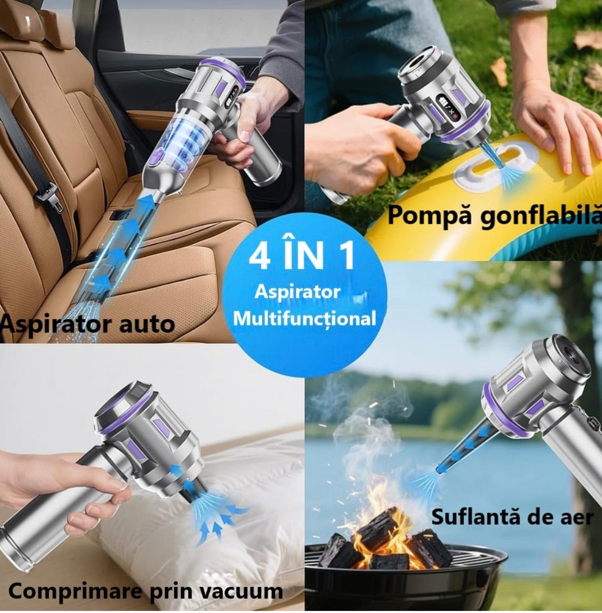 Aspirator Auto Portabil fără Fir, 18.000 Pa, 120 W, 4 in 1